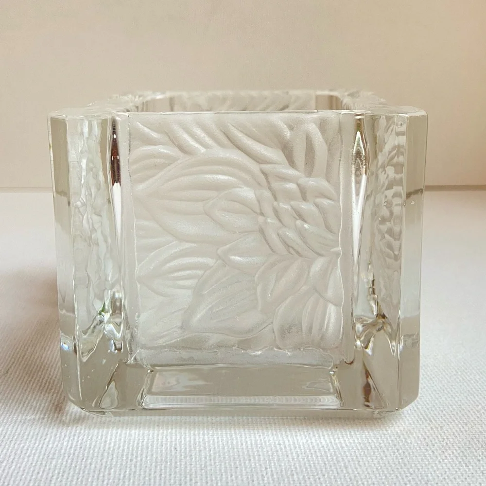 PartyLite Chrysanthemum frosted clear glass square votive candle holder P7746